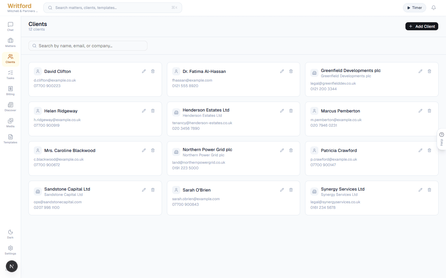 Writford client management — list of UK law-firm clients with contact details, individual and company records