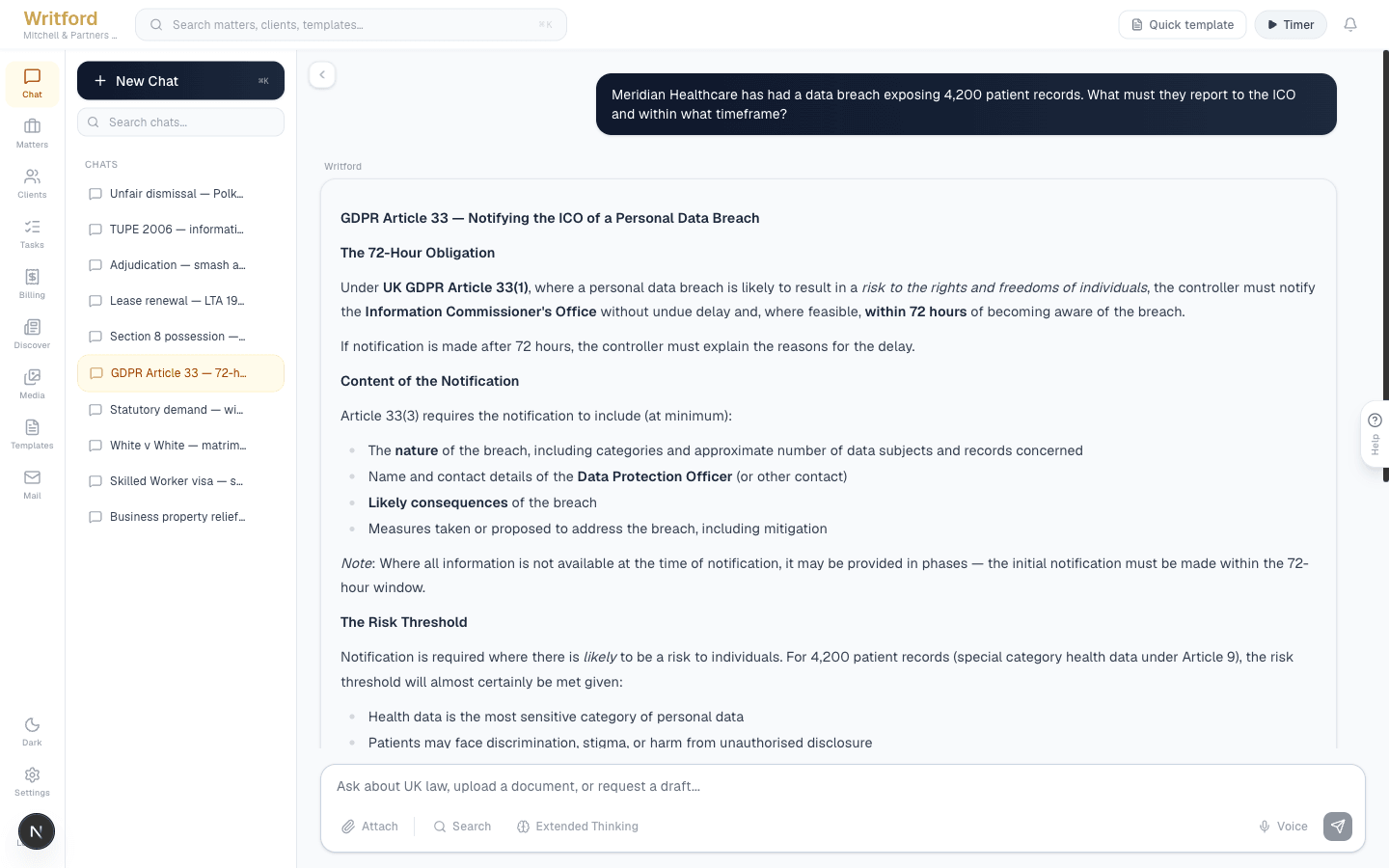 Writford AI chat showing cited UK legal research