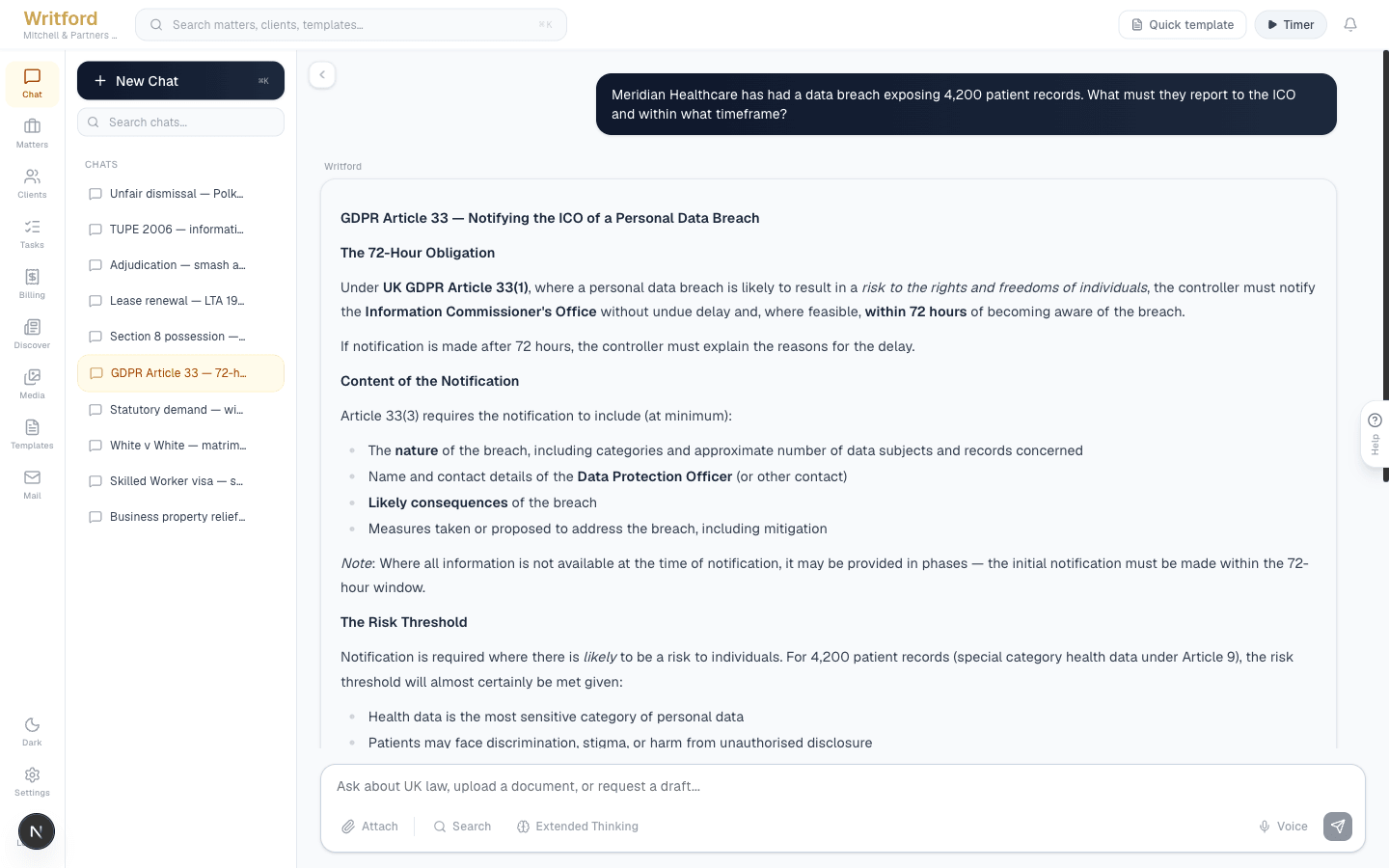 Writford AI chat showing a cited UK legal research answer