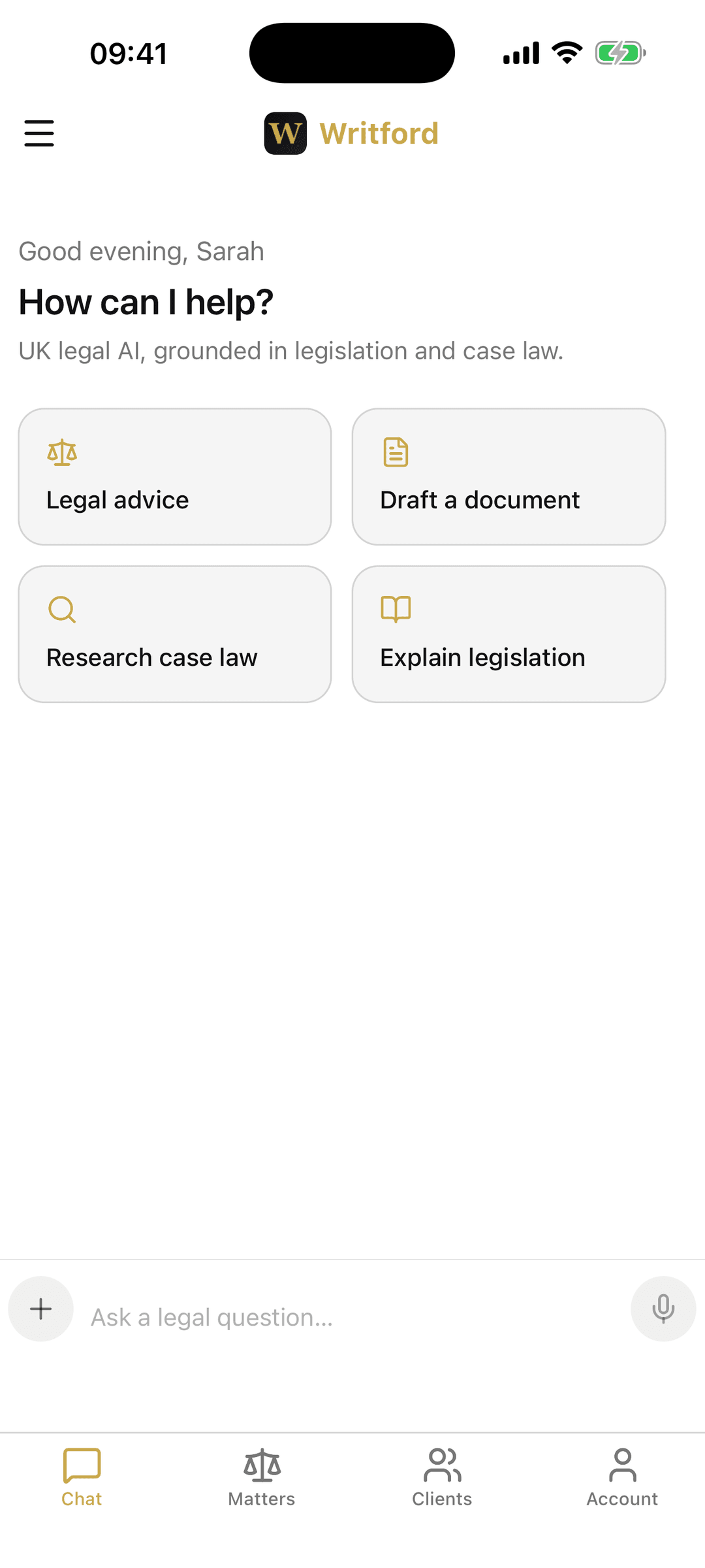 Writford mobile app AI legal chat