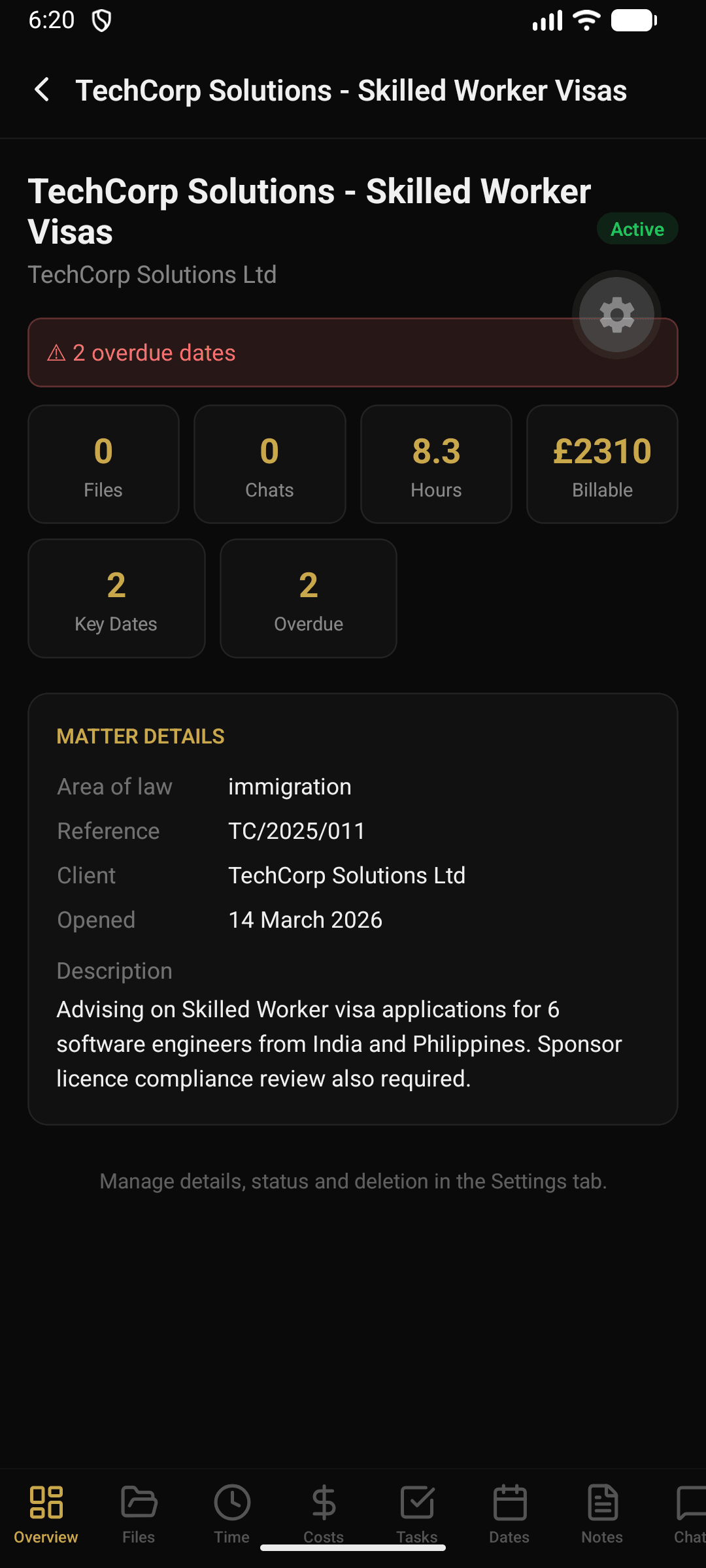 Writford Android app matter overview showing financial summary and matter details