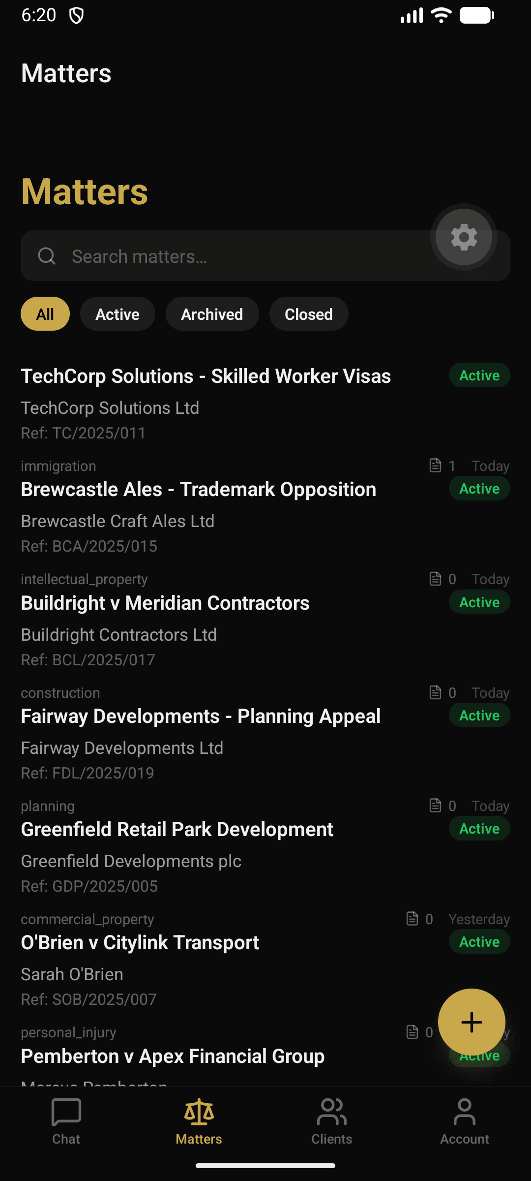 Writford Android app showing the matters list for a UK law firm