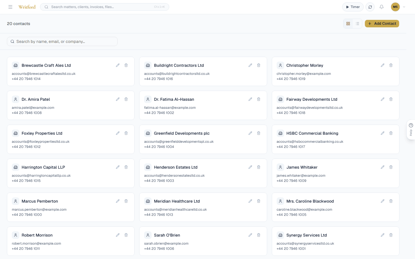 Writford client management: list of UK law-firm clients with contact details, individual and company records