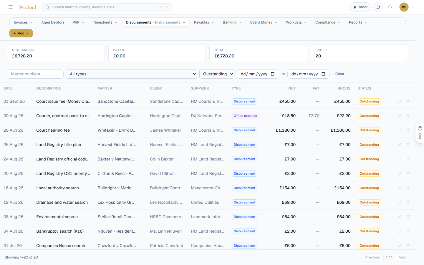 Writford disbursements view: HMCTS court fees, counsel fees, Land Registry charges with VAT classification, outstanding totals