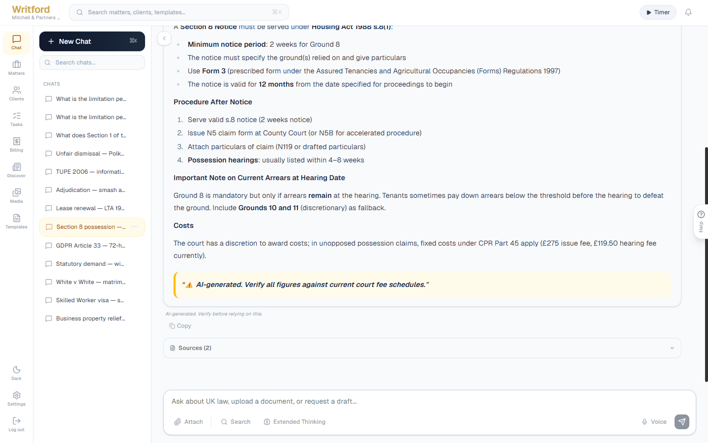 Writford AI legal research answer — Section 8 possession procedure with structured guidance, cited UK sources and verification disclaimer